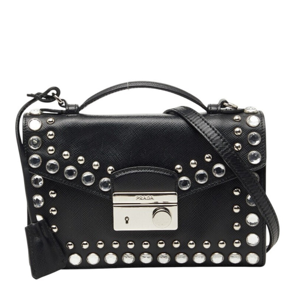 Prada Studded 2way Shoulder Bag Black Saffiano Leather Jeweled